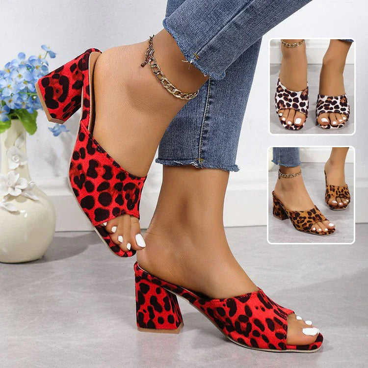 Leopard Square Toe Sandals Summer High-heeled Slippers Chunky Heel Shoes For Women - VAleG