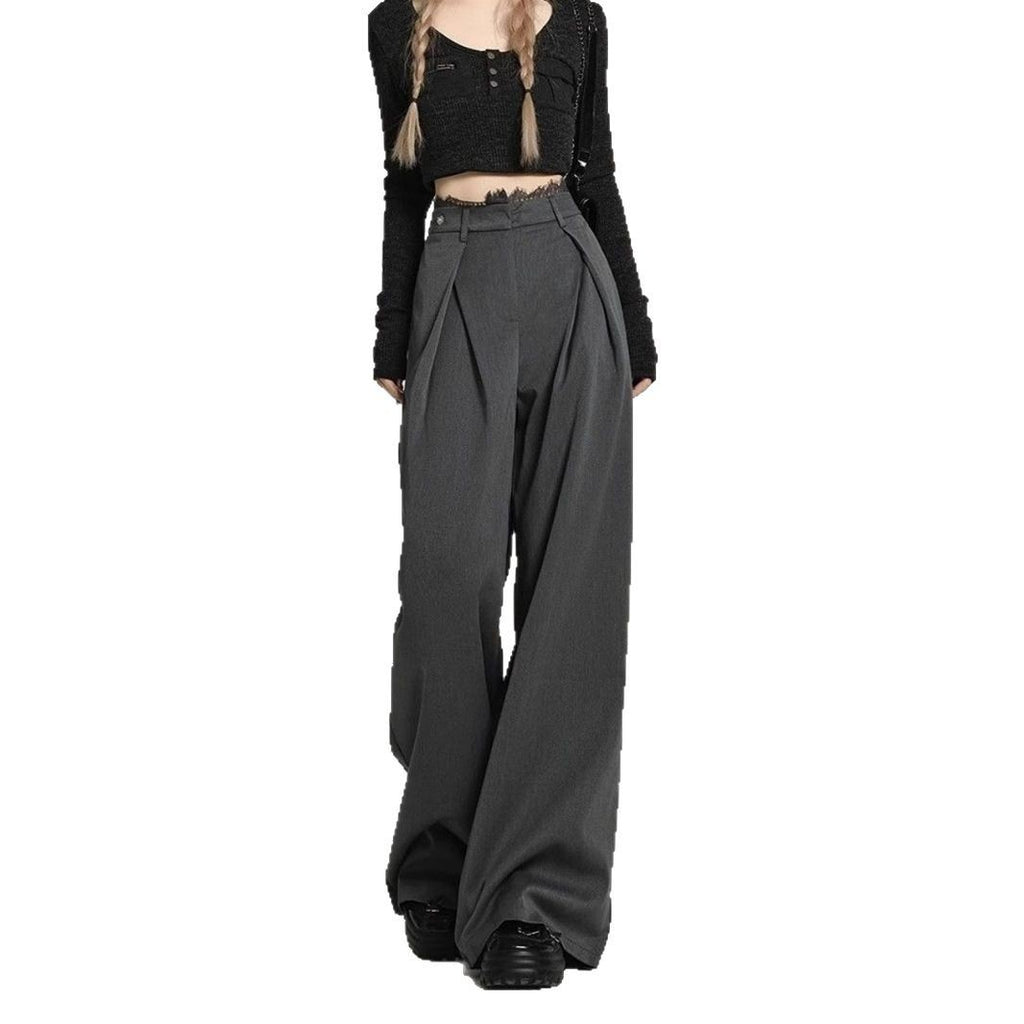Pantaloni casual a gamba larga con cuciture in pizzo nero da donna