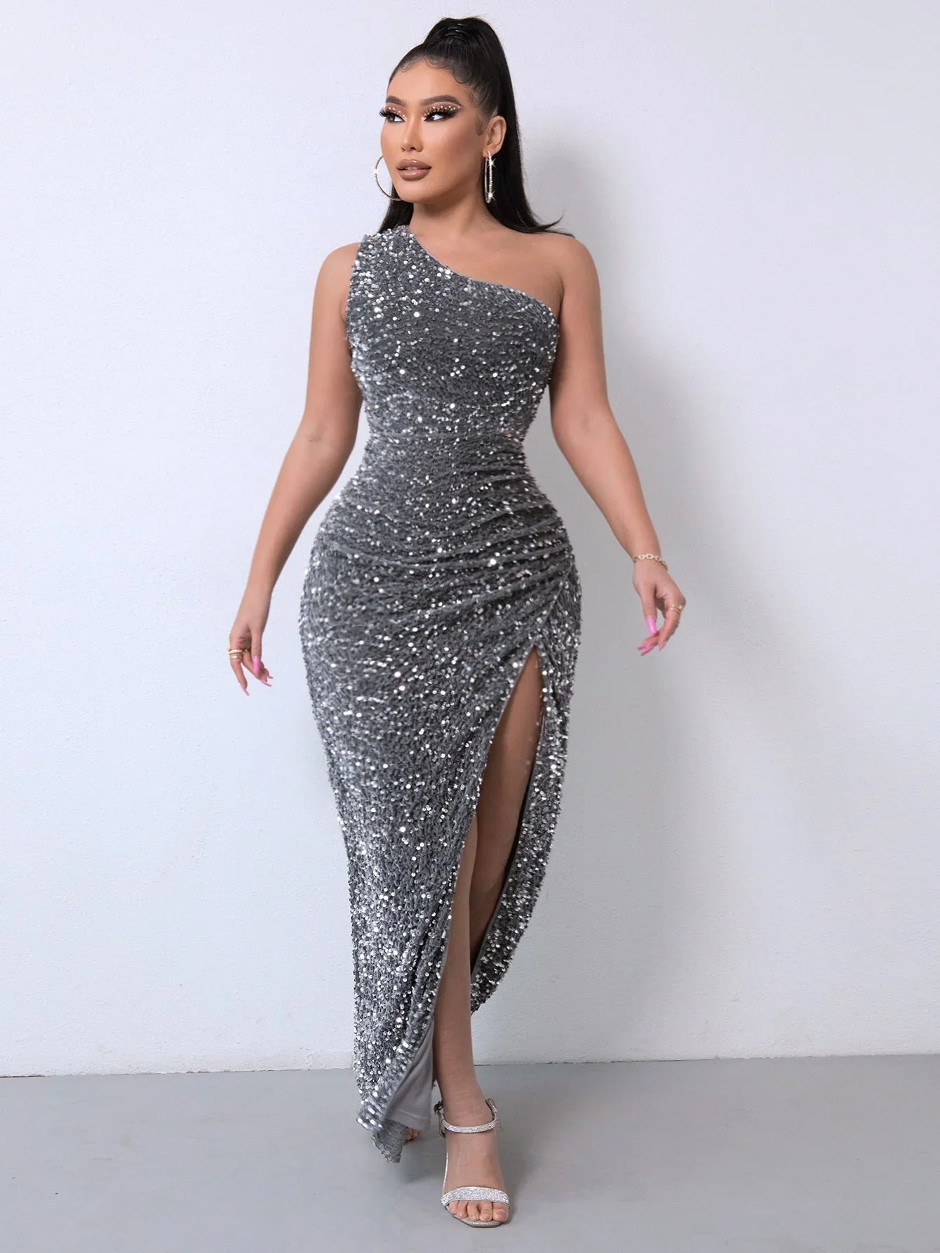 Foreign Trade Sleeveless One Shoulder Slash Neck Sequins Gorgeous Slit Women's Dress - VAleG