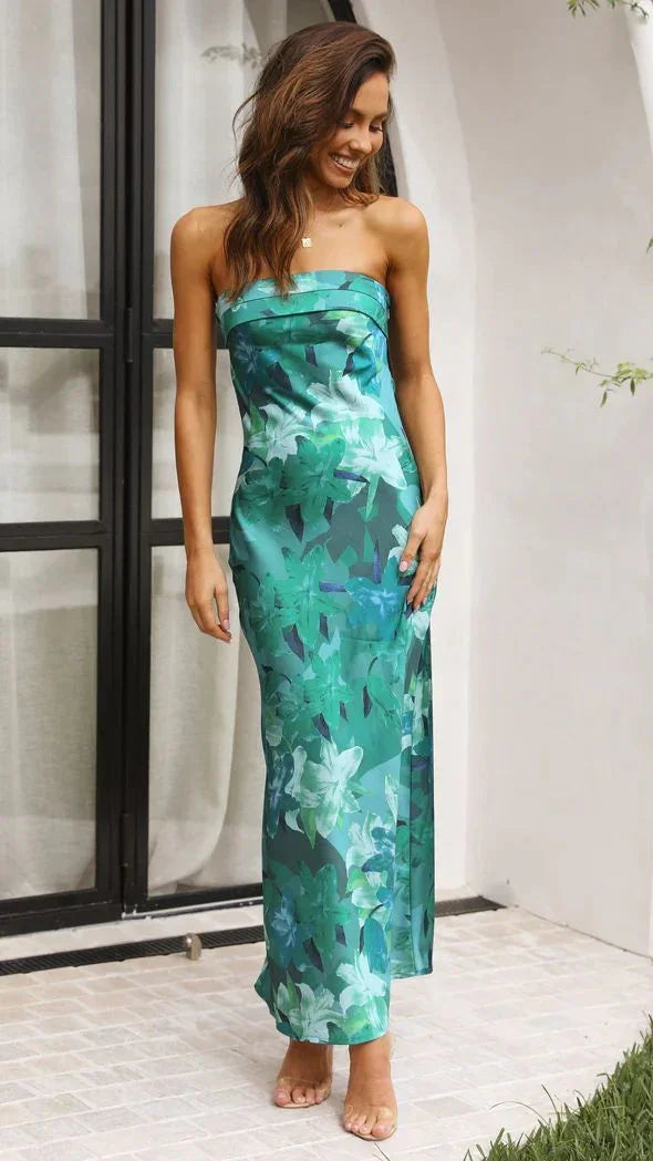 Summer Tube Top Long Dress With Backless Design INS Fashion Flowers Print Party Evening Dresses For Women - VAleG