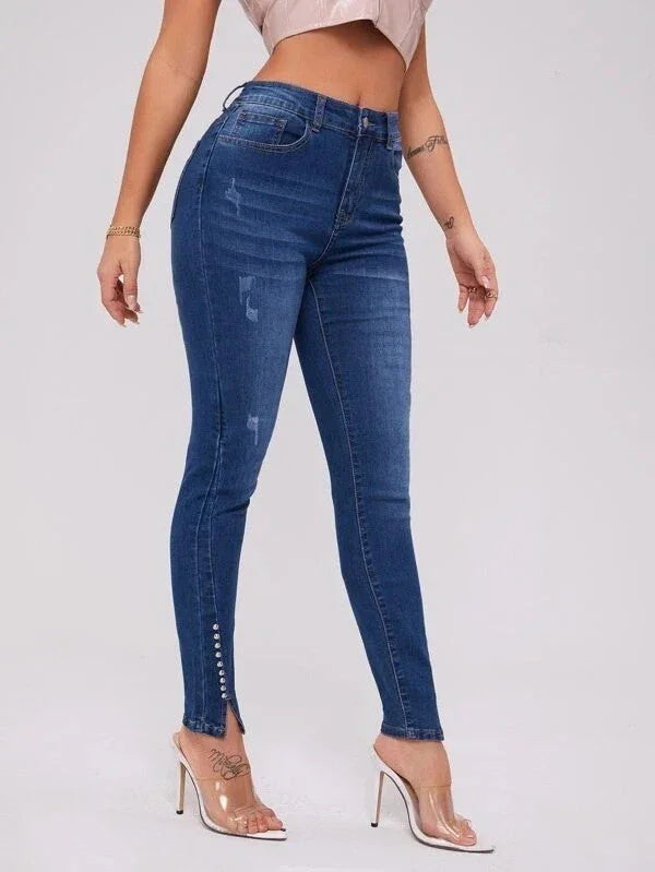 Slim Fit Patchwork High Waist Stretch Jeans - VAleG