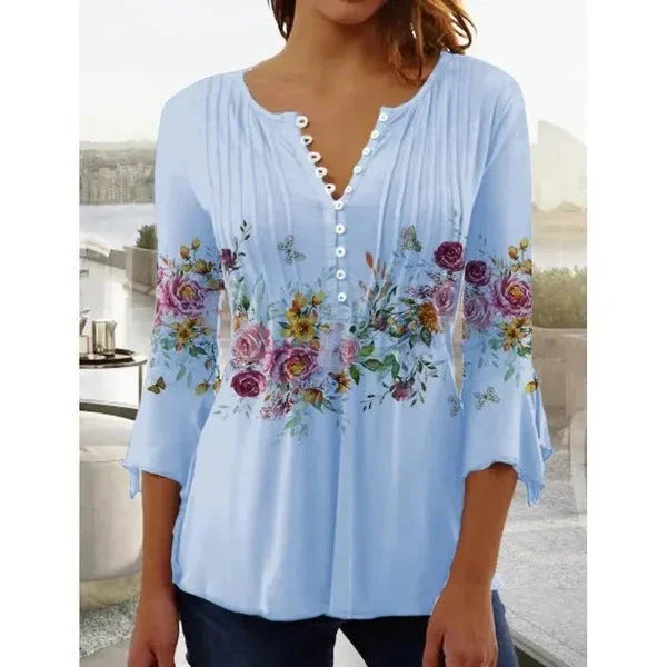 Women's Floral Printed V-neck Short Sleeve Button T-shirt - VAleG
