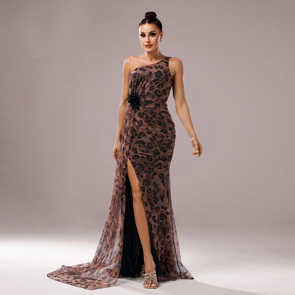 One-shoulder Diagonal Collar Leopard Sequined Evening Dress - VAleG