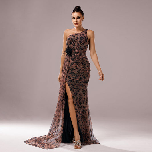 One-shoulder Diagonal Collar Leopard Sequined Evening Dress VAleG