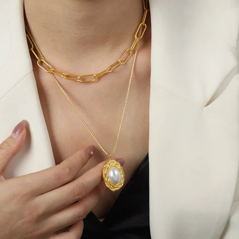 Inlaid Pearl Double-Layered Titanium Steel Necklace - VAleG