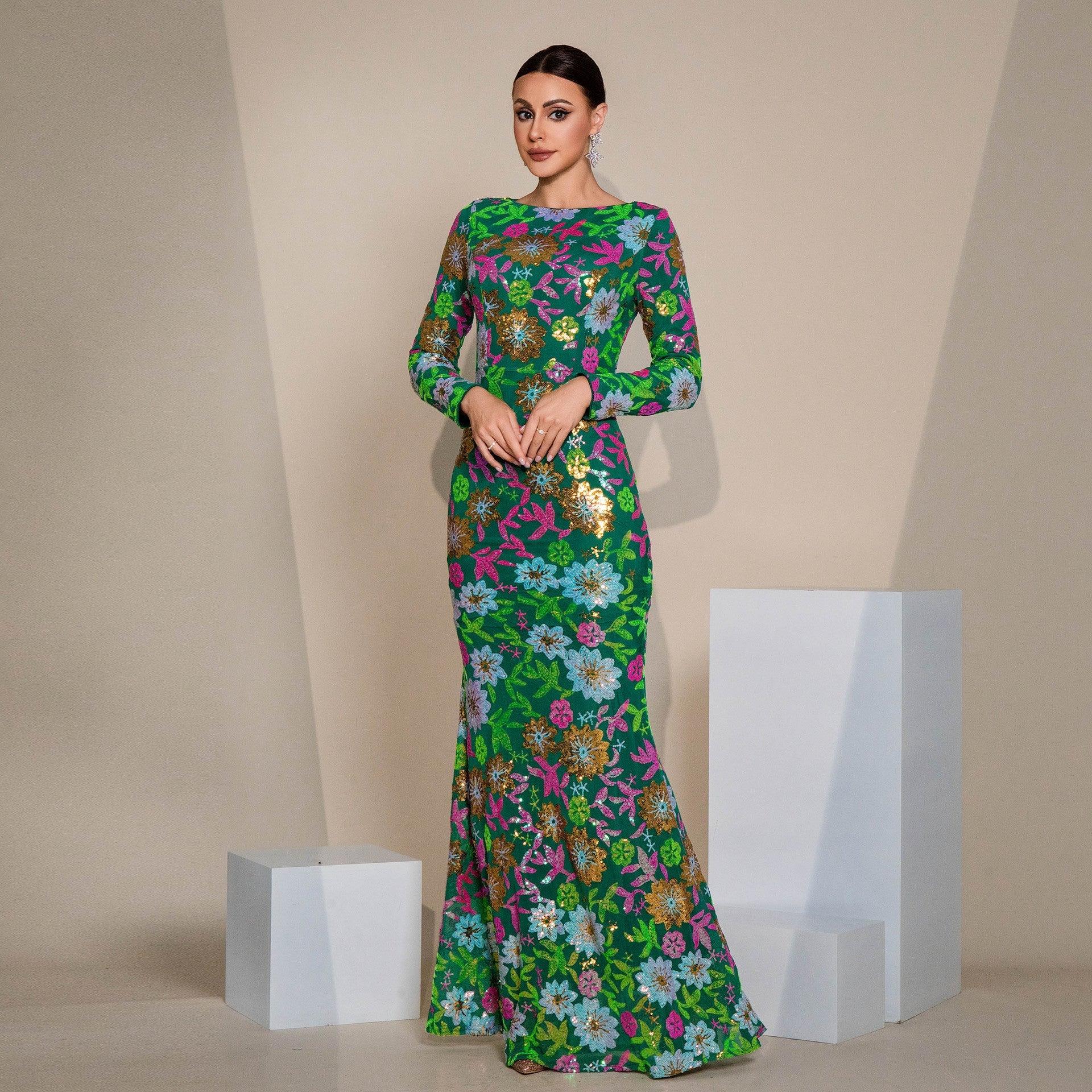 Evening Gown Long Sleeve Temperament Crew Neck Long Sequined Banquet Bridesmaid Dress - VAleG