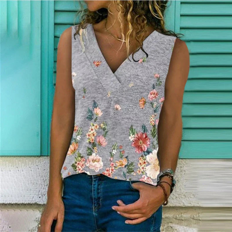 Trendy Vest Amazon Explosive Base Shirt V-neck Loose Printed Top Vest - VAleG