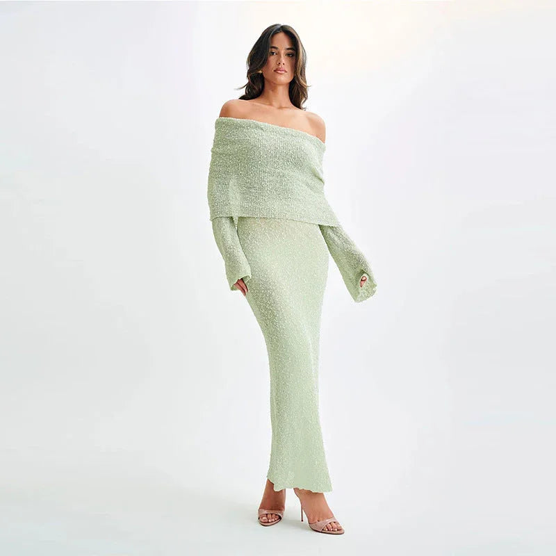 New One-shoulder Knitted Long-sleeved Dress Sexy Beach Holiday Long Dresses Womens Clothing - VAleG