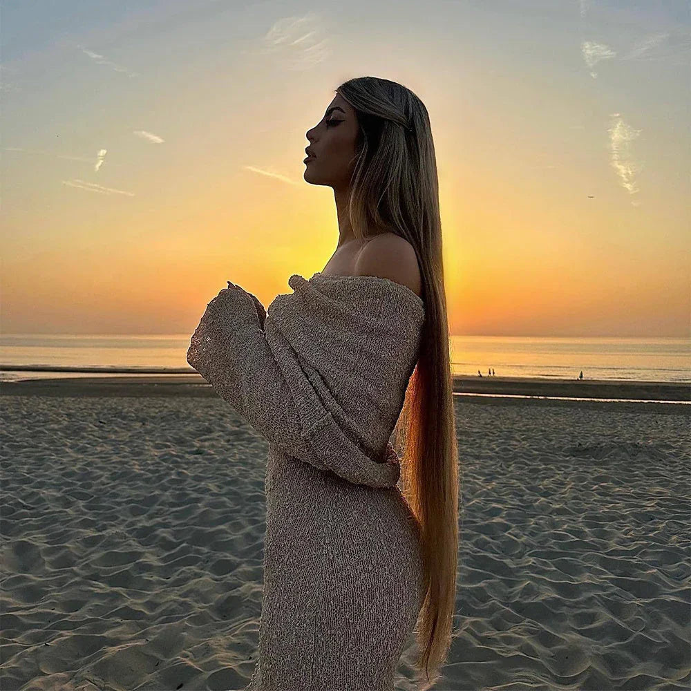 New One-shoulder Knitted Long-sleeved Dress Sexy Beach Holiday Long Dresses Womens Clothing - VAleG
