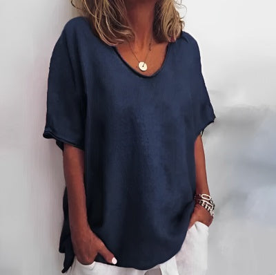 Cotton And Linen Solid Color Short-sleeved T-shirt Women's Casual Coat VAleG