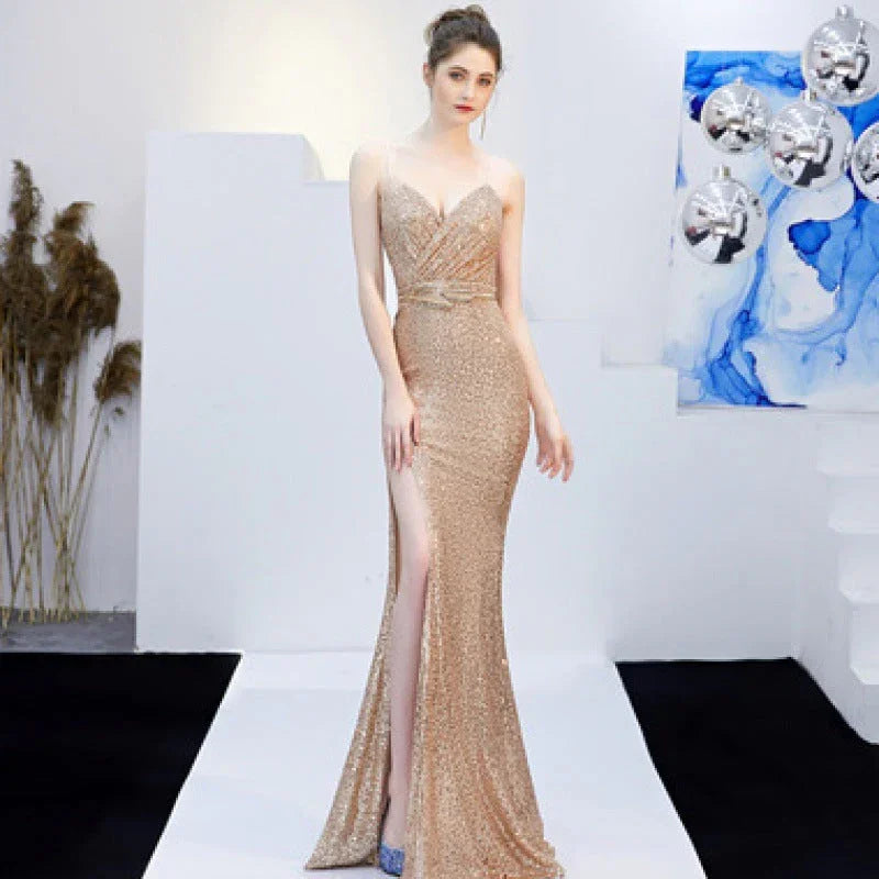 New Banquet Elegant Annual Meeting Long Host Deep V Sexy Fishtail Sequined Dress - VAleG