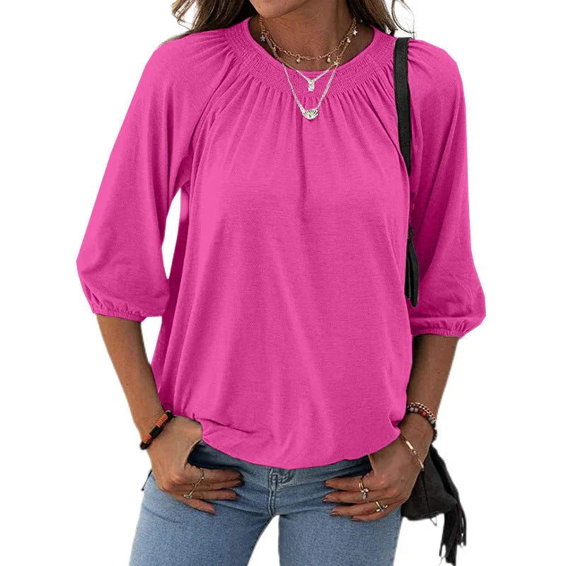 Women's Autumn Hot Selling Temperament Pullover Round Neck Loose Three-quarter-length-sleeved T-shirt - VAleG