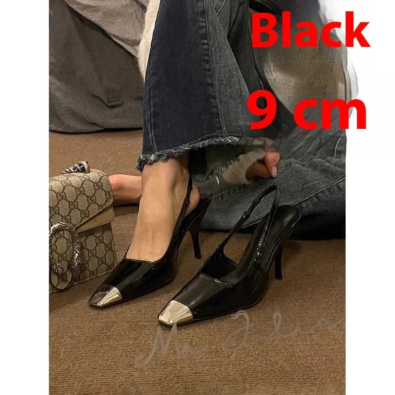 Women's Metal Square Toe Fine Heel With Black Sandals - VAleG