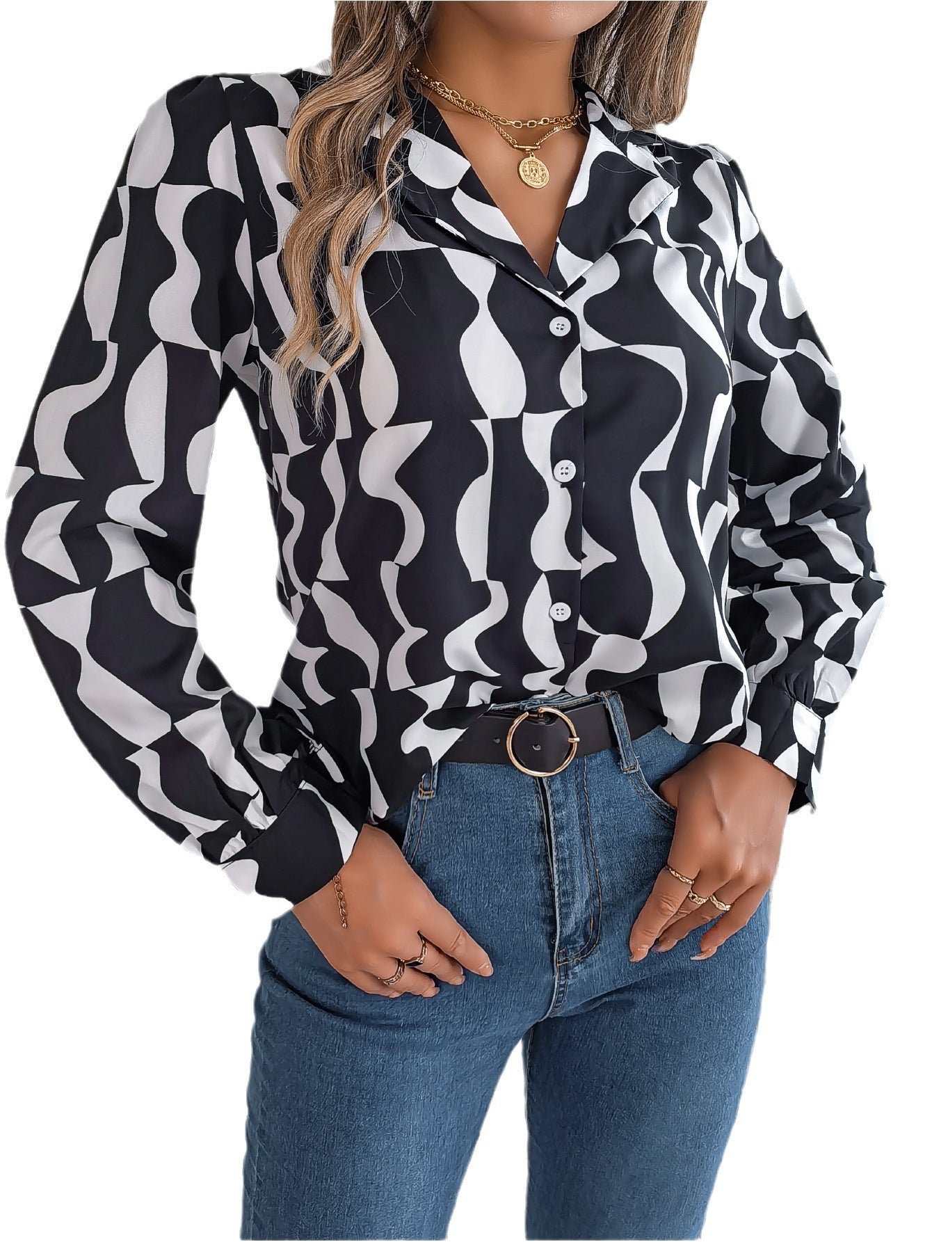 Commuting Elegant Contrast Color Striped Suit Collar Long Sleeve Shirt VAleG