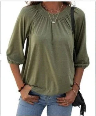 Women's Autumn Hot Selling Temperament Pullover Round Neck Loose Three-quarter-length-sleeved T-shirt - VAleG