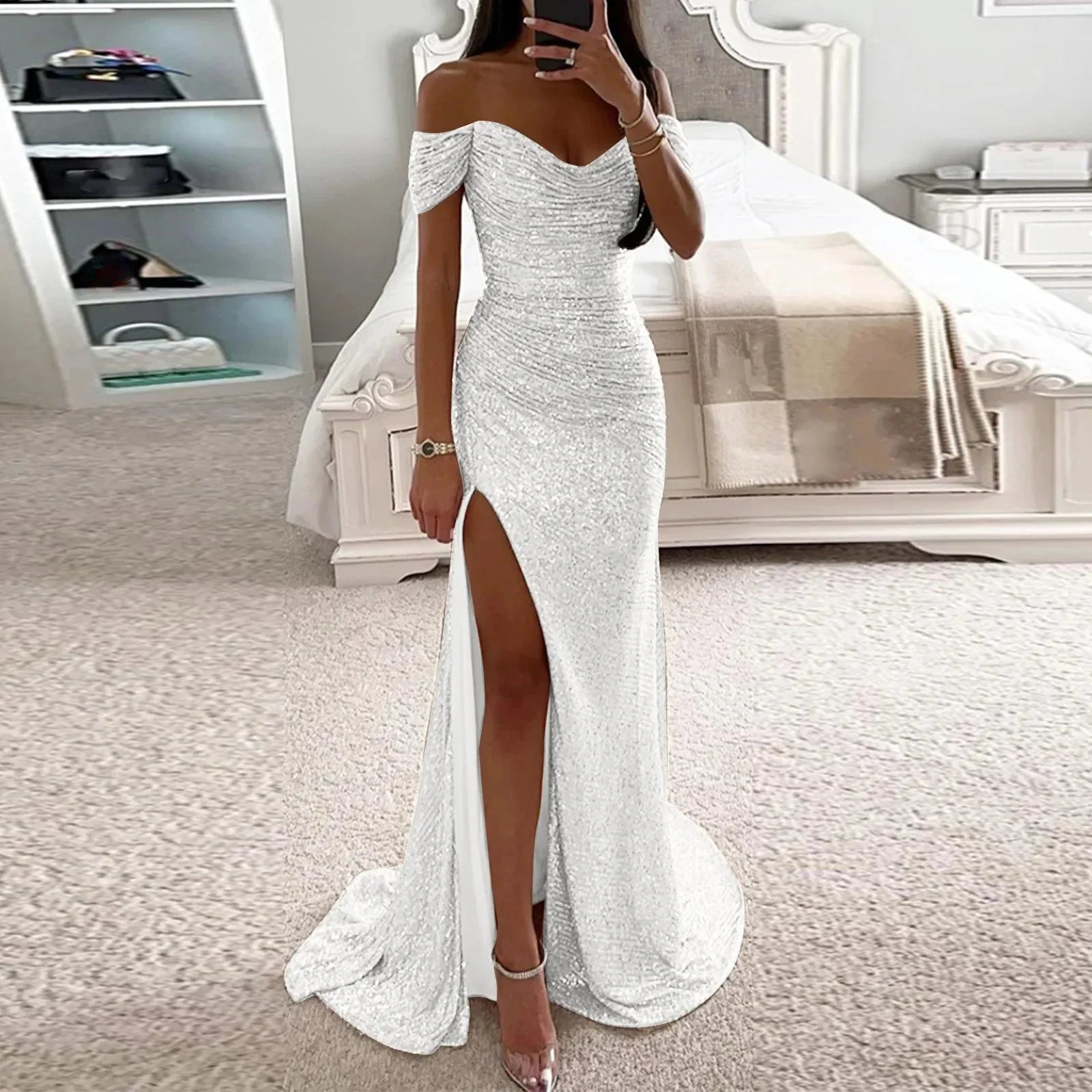 Female Creative Solid Color Sparkling Slit Dress - VAleG
