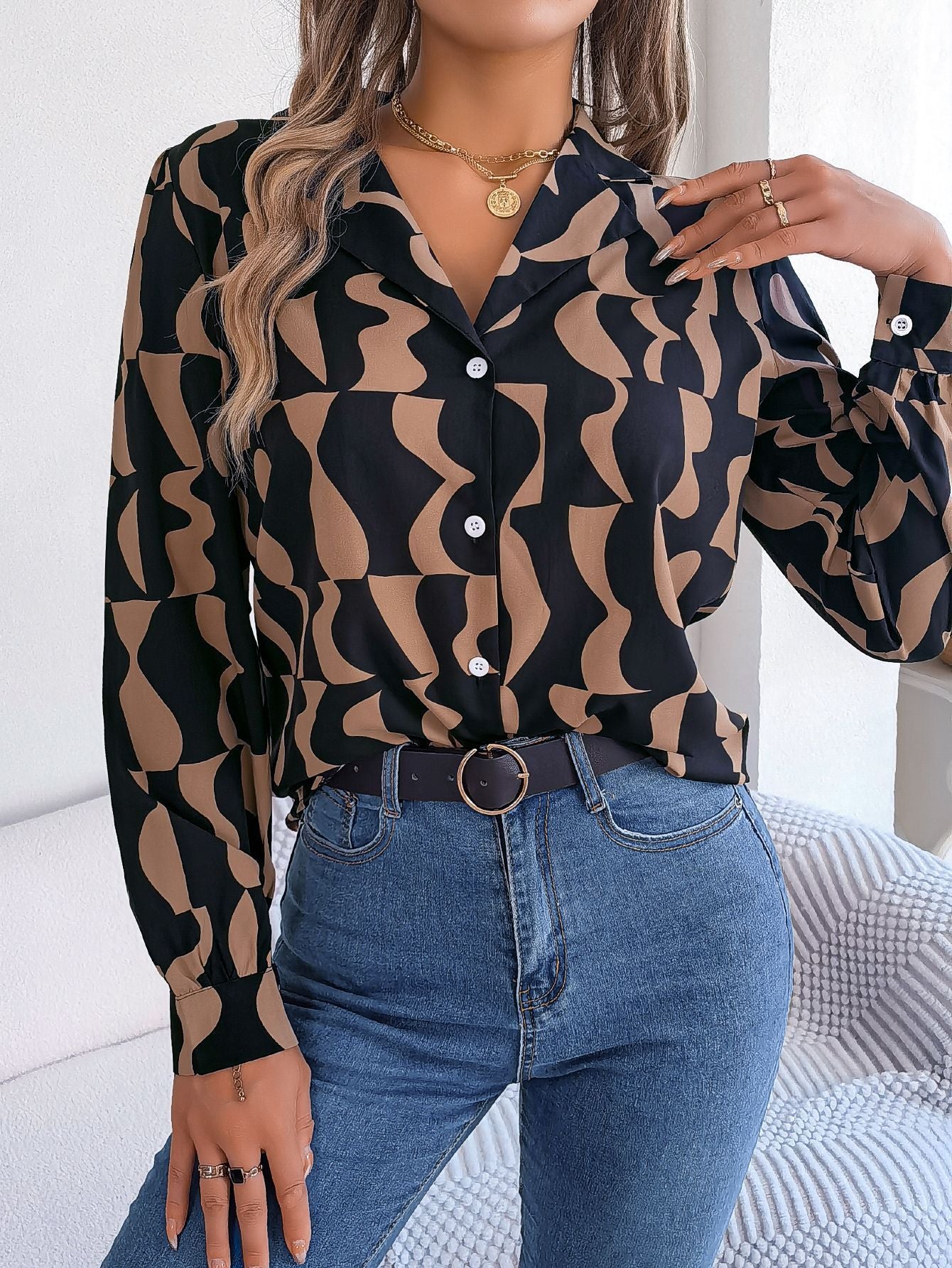Commuting Elegant Contrast Color Striped Suit Collar Long Sleeve Shirt VAleG