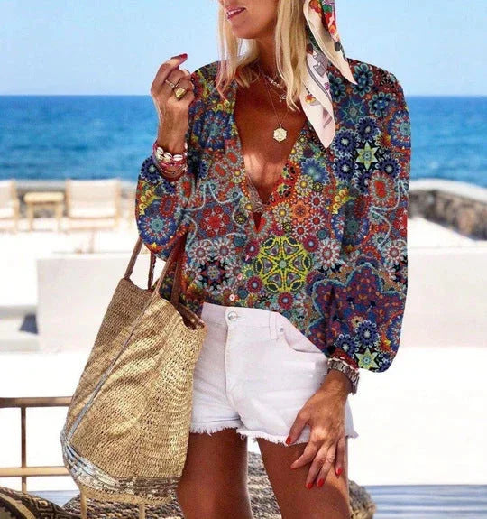 Women's V-neck Loose Single-breasted Shirt - VAleG