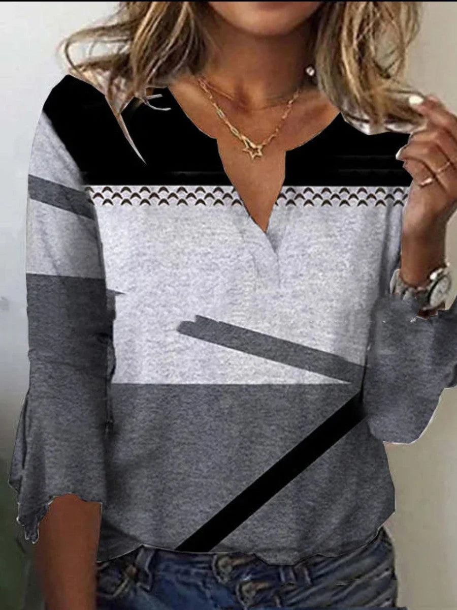 V Neck Printed Flare Sleeve T Shirt - VAleG
