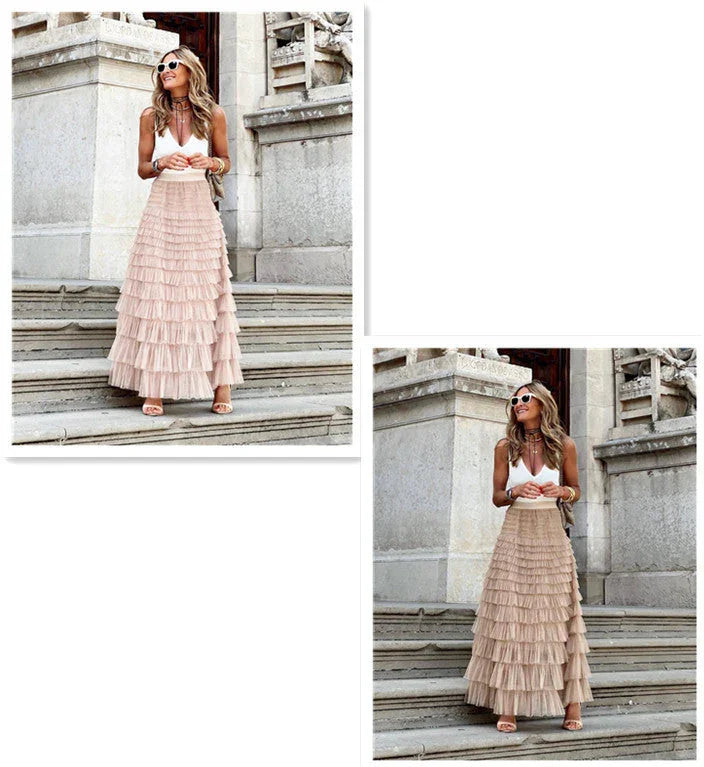 Layered Ruffles Cake Skirt Summer Fashion A Line Swing Mesh Long Skirt Party Dress Women - VAleG