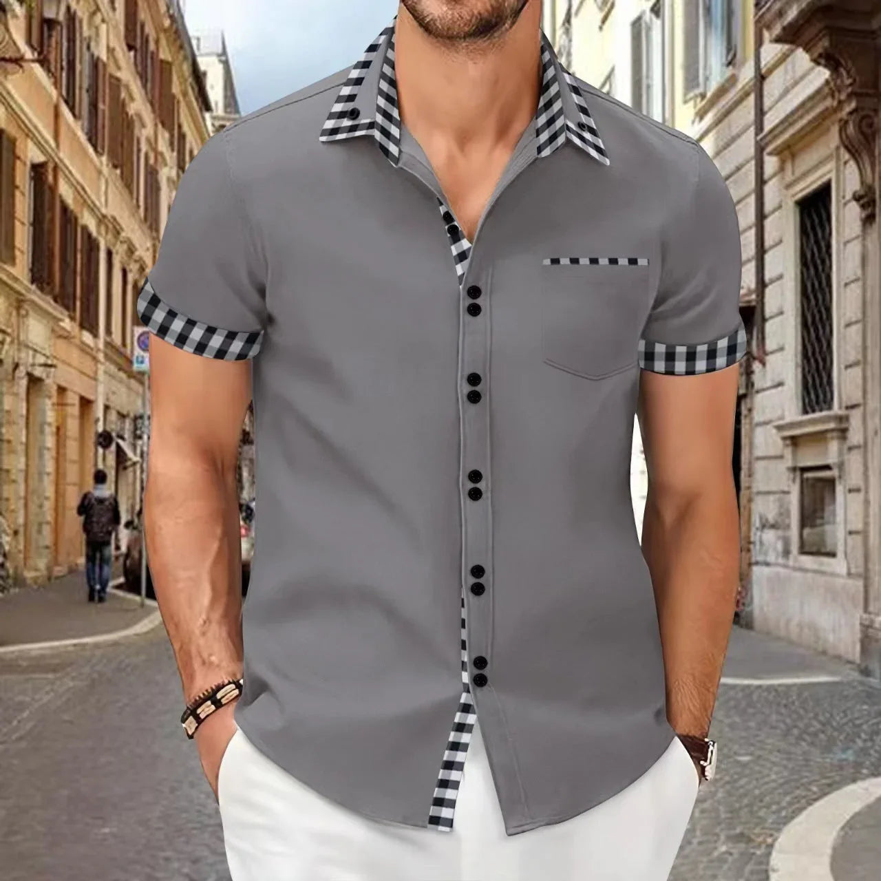 Men's Shirt Casual Pocket Stitching Contrast Color Top - VAleG