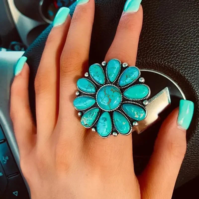 Artificial Turquoise Alloy Flower Ring - VAleG