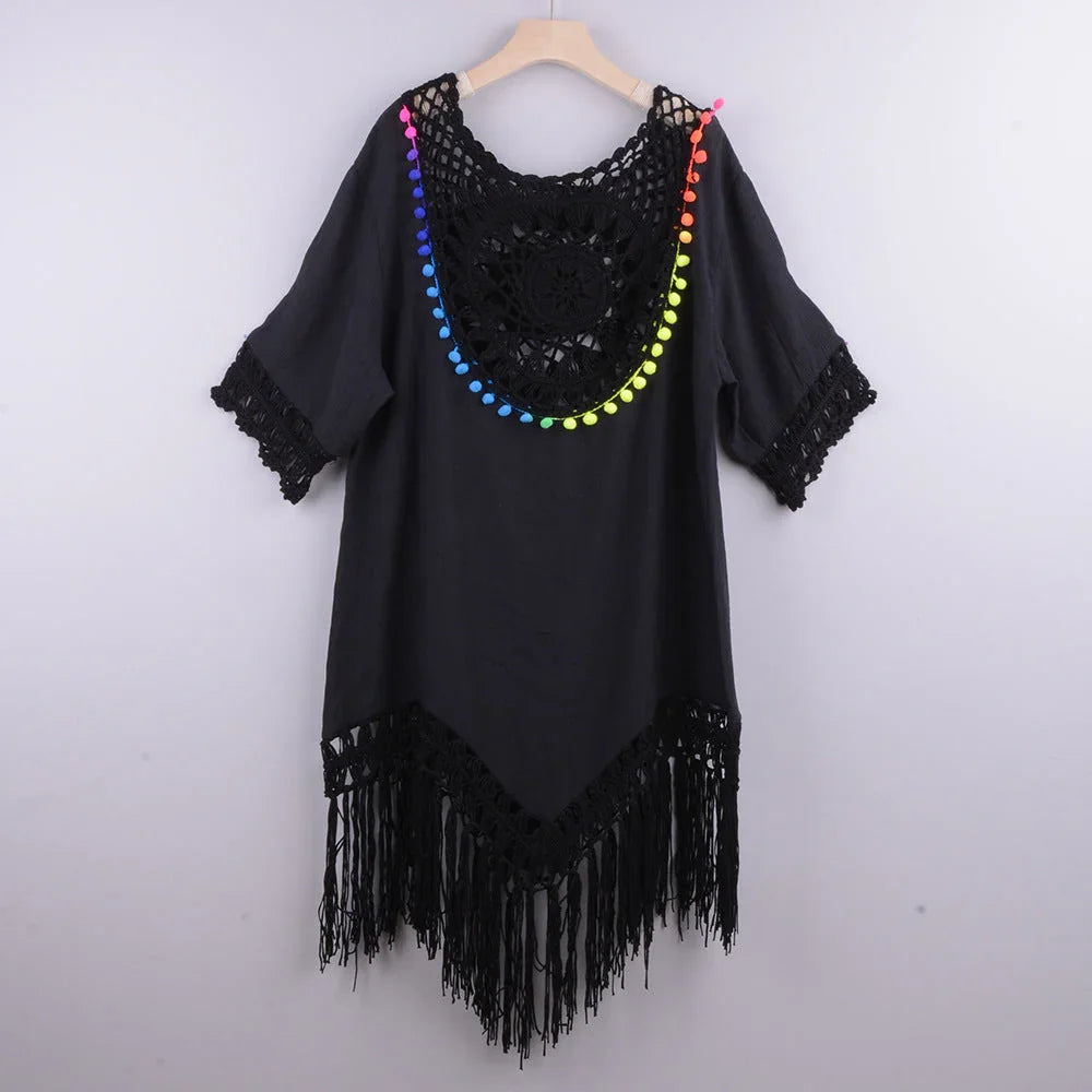 Loose Fringed Holiday Style Beach Blouse - VAleG