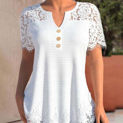 Plus Size Women's Knitted Lace Stitching Lace Short-sleeved T-shirt - VAleG