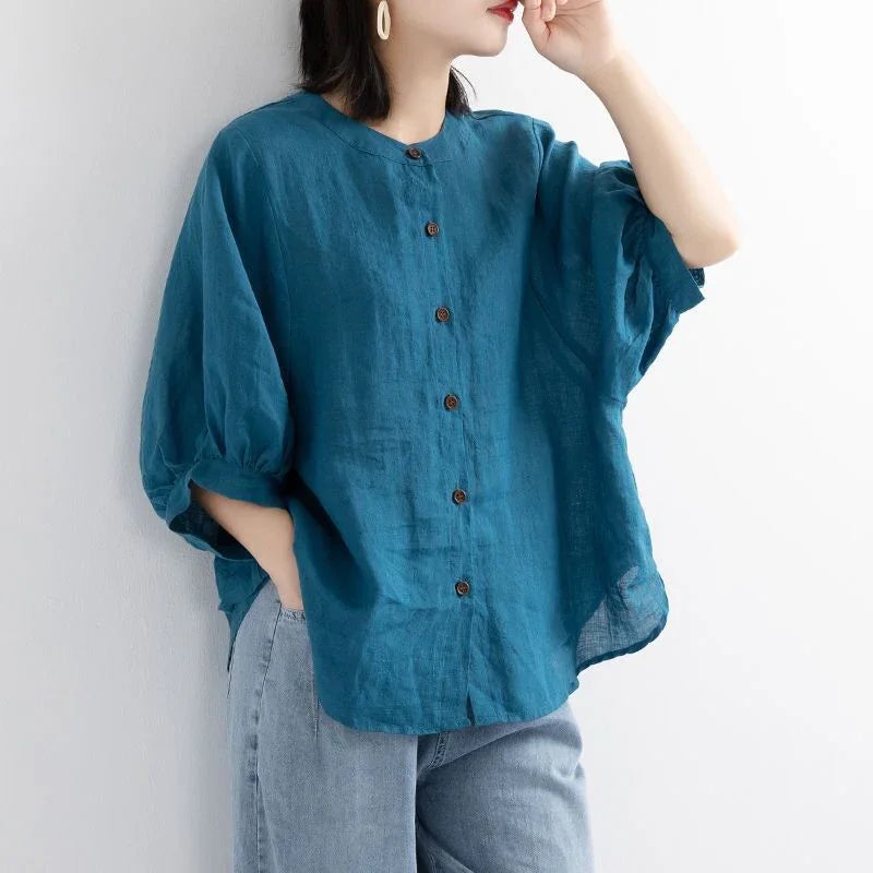 Women's Retro Literary Cotton And Linen Shirt Lantern Sleeve Top Loose - VAleG