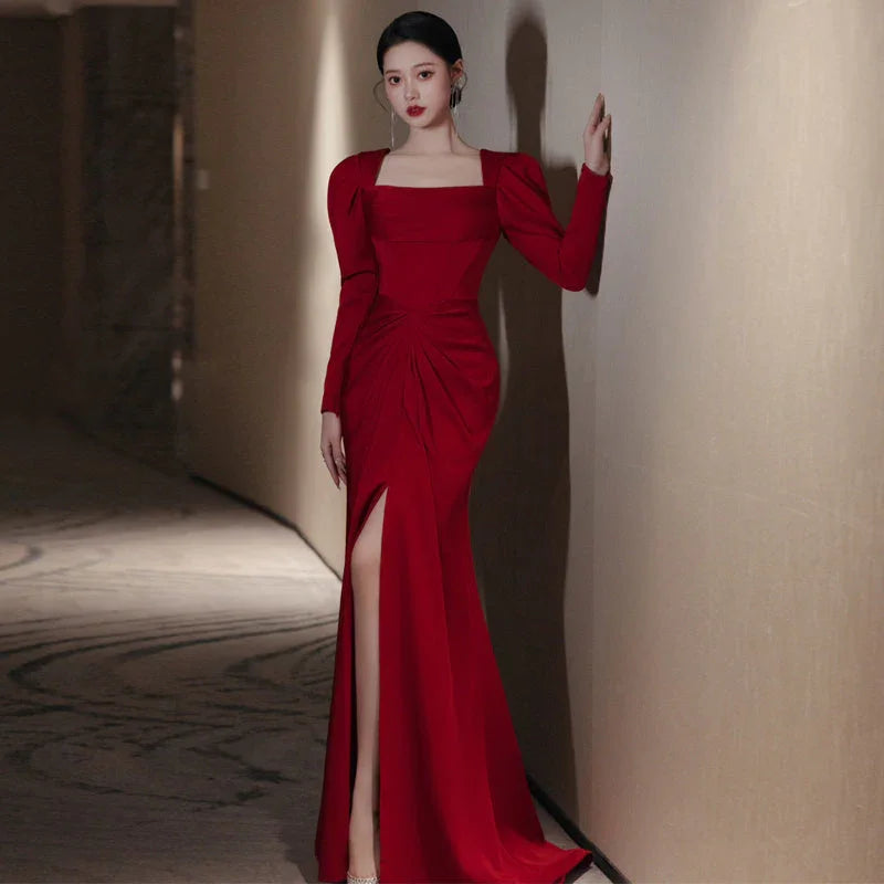 Bride Fishtail Square Collar Long Sleeve Design Simple Satin Evening Dress - VAleG