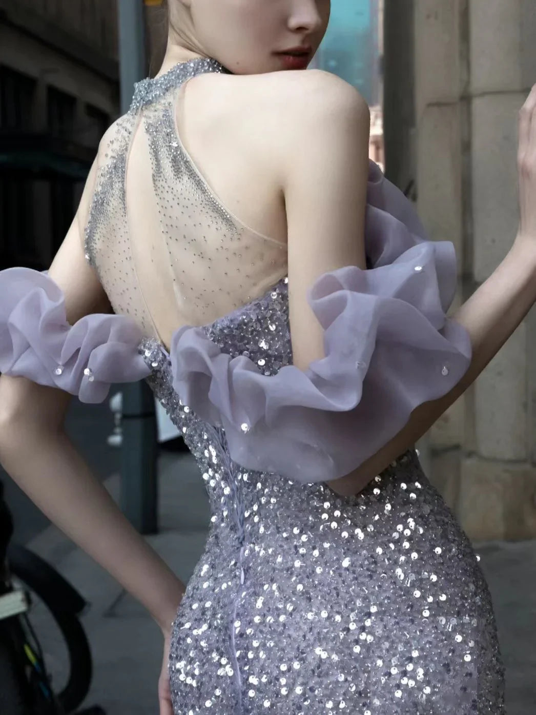 Purple Host Starry Sky Annual Meeting Beaded Toast Dress Halter Model Catwalk Fishtail - VAleG