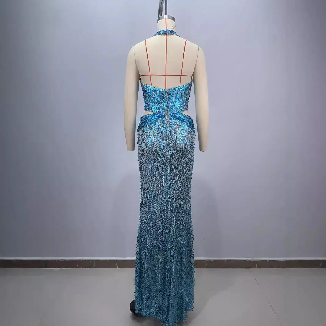 New Halter Deep V-neck Slim Slimming Party Stage Host Hostess Evening Dress - VAleG