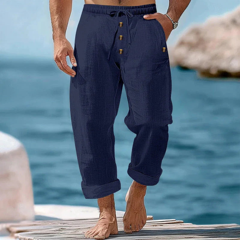 American Beach Pants Solid Color Cotton Linen Loose Drawstring Button Casual Trousers Men - VAleG