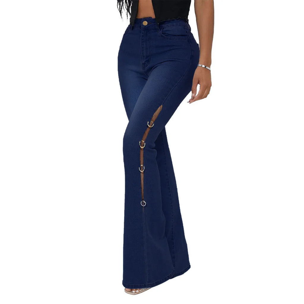 Denim Flared Pants With Metal Decoration - VAleG