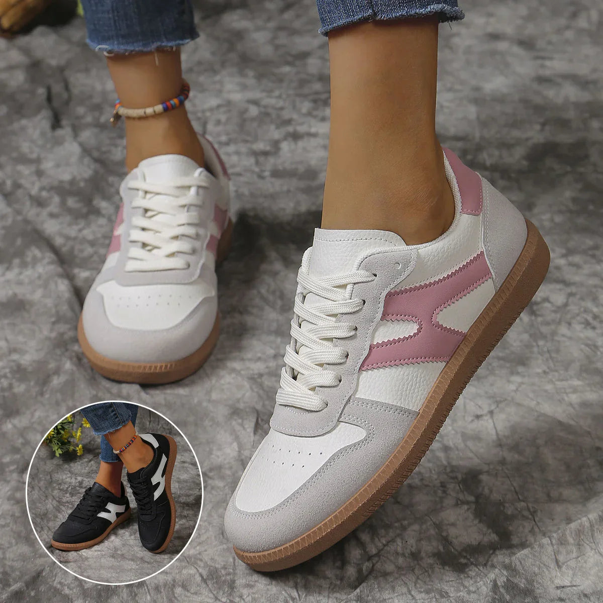 New Colorblock Lace-up Flats Shoes Fashion Round Toe Slip On Casual Shoes For Women - VAleG