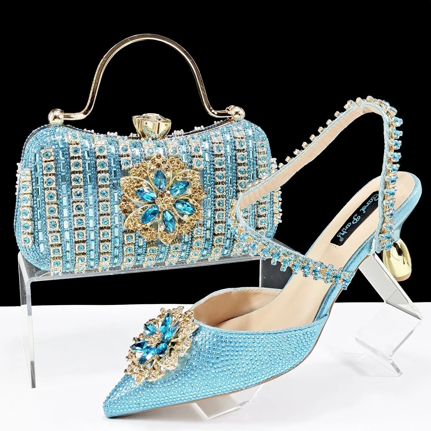 Sexy Women's Shoes And Bags Suit Drill Buckle Flower Decorative Ankle Drill Chain With Hard Clutch - VAleG