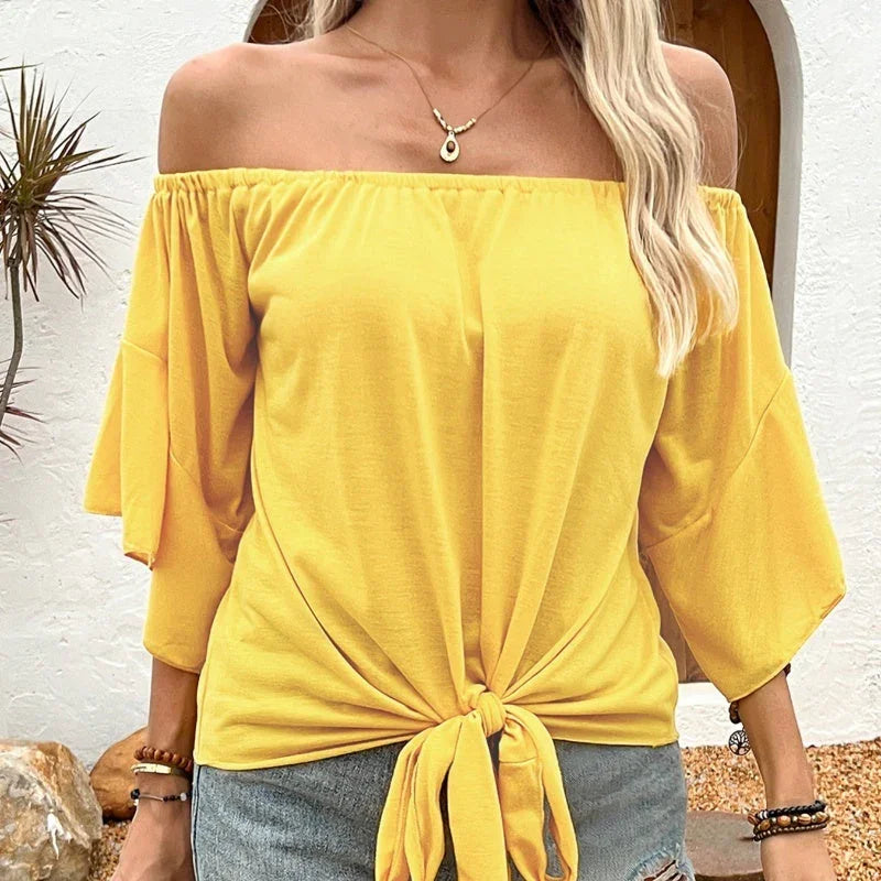 Summer Fall Women's Clothing Solid Color Off-shoulder Casual T-shirt Top - VAleG