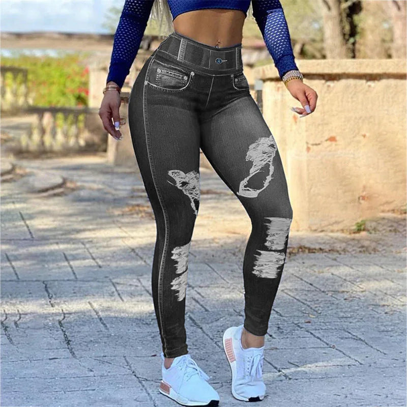 Ladies High Waist High Stretch Faux Denim Leggings - VAleG
