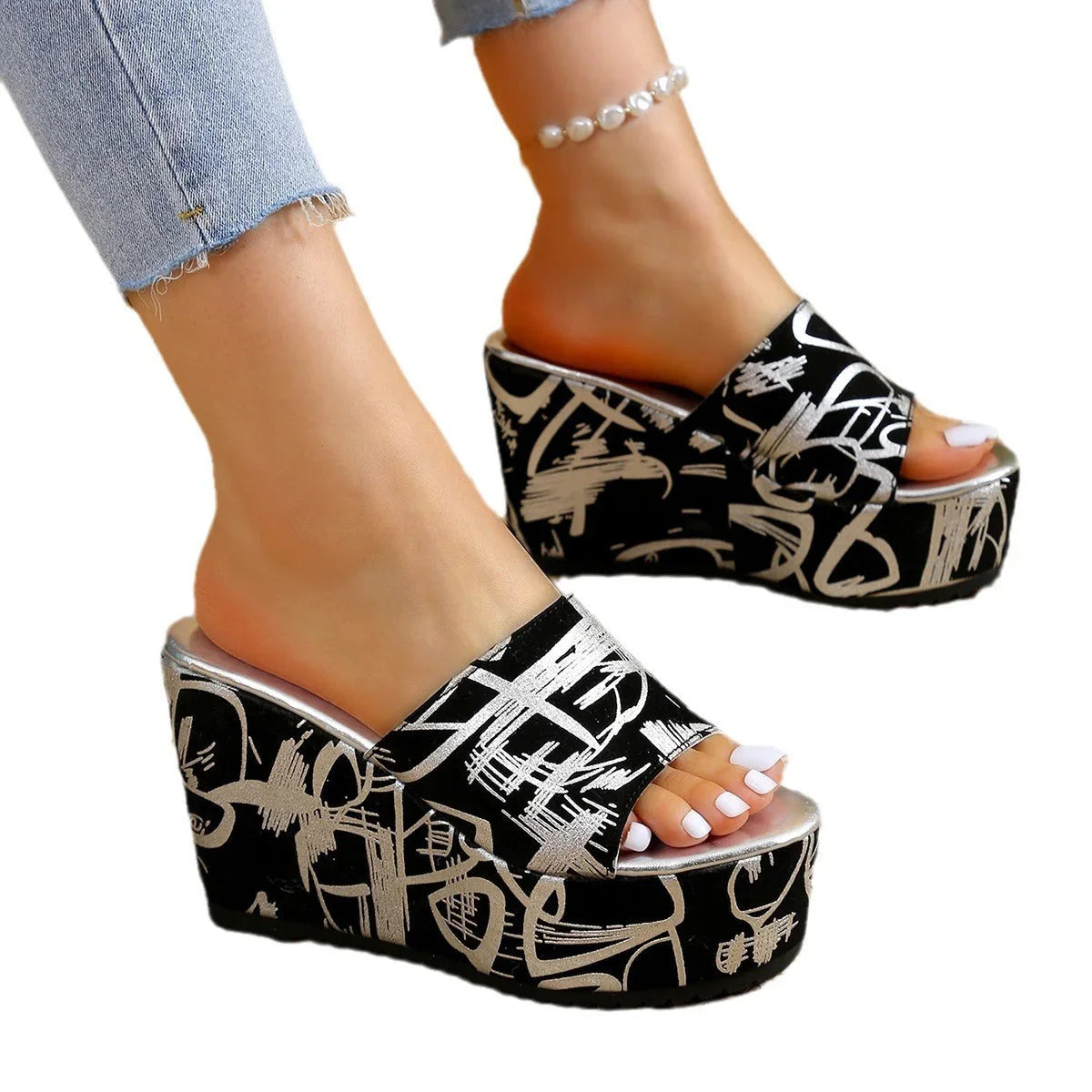 Round Toe Wedge Printed Slippers - VAleG