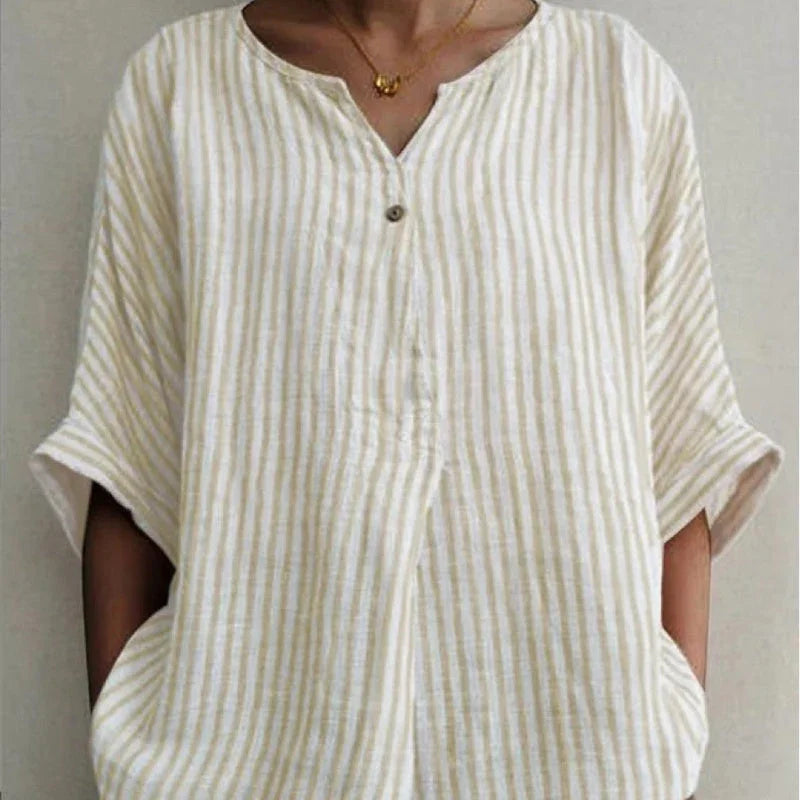 V-neck Striped Loose Short-sleeved Cotton And Linen Shirt - VAleG