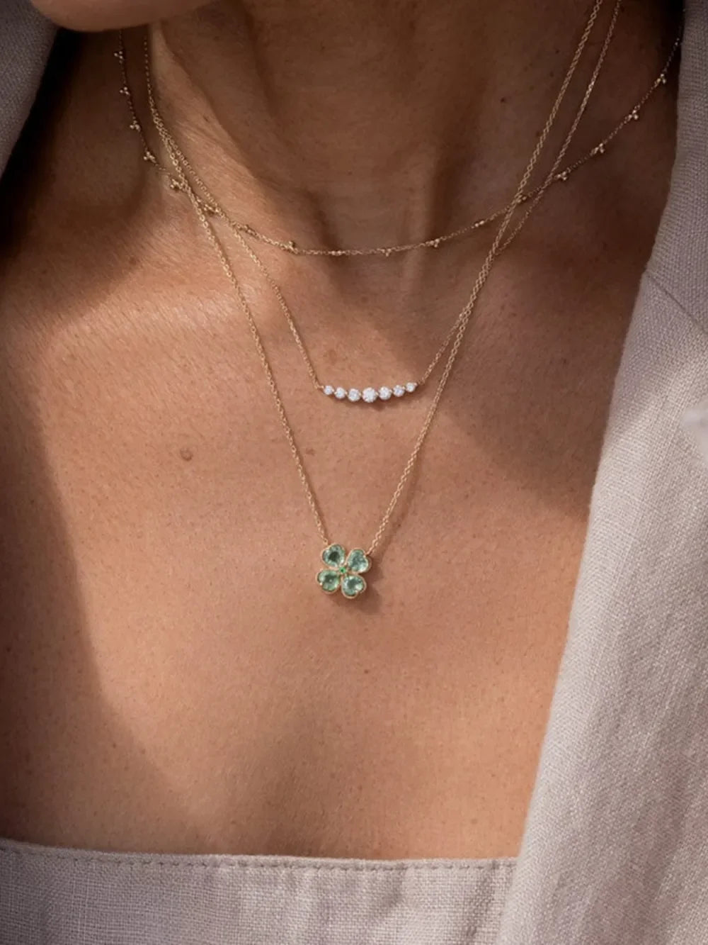 Stainless Steel Zircon Lucky Clover Pendant Necklace - VAleG