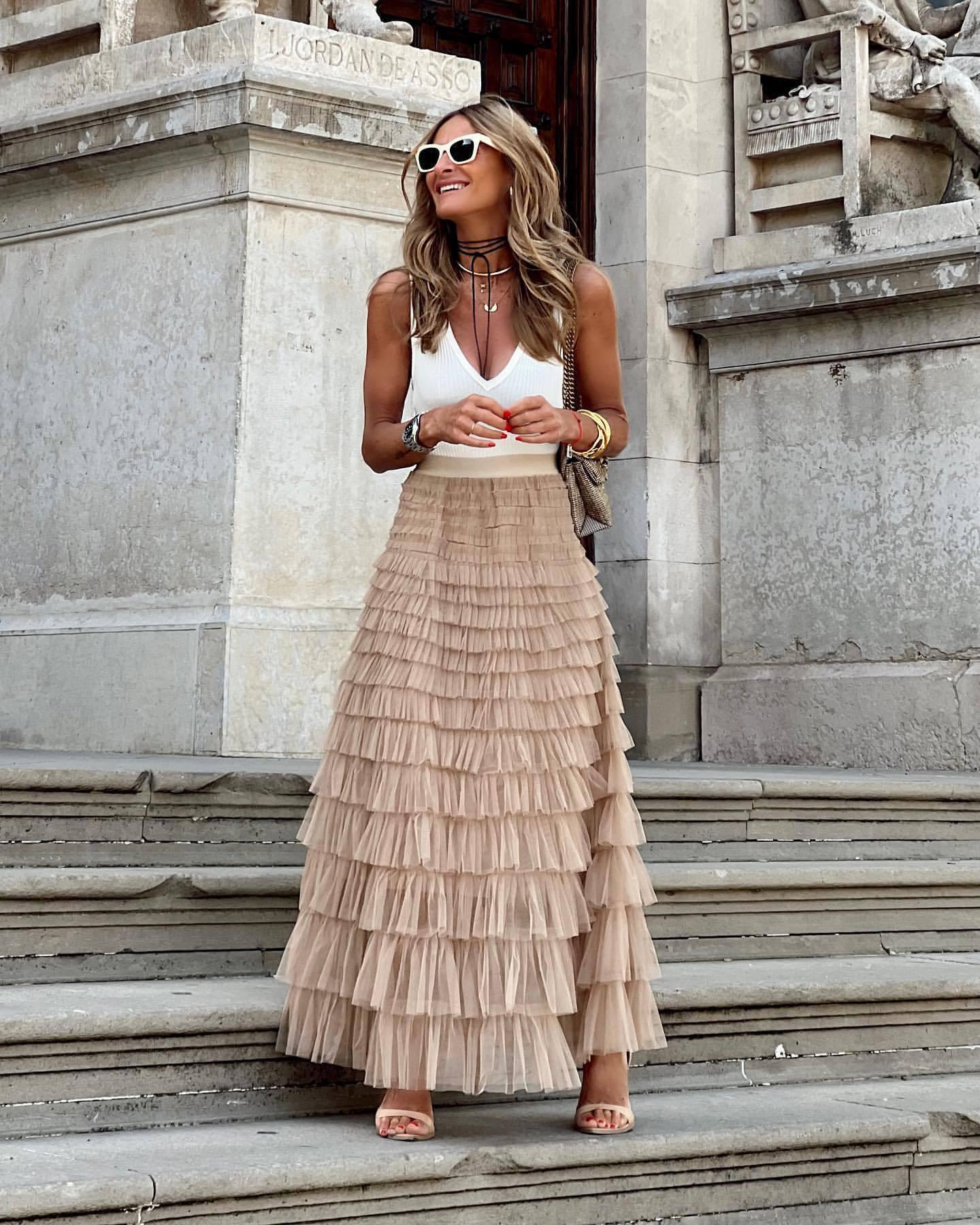 Layered Ruffles Cake Skirt Summer Fashion A Line Swing Mesh Long Skirt Party Dress Women - VAleG
