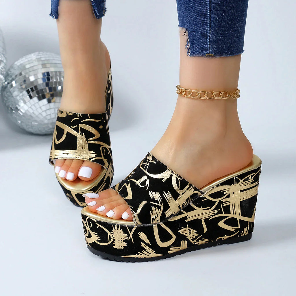 Round Toe Wedge Printed Slippers - VAleG