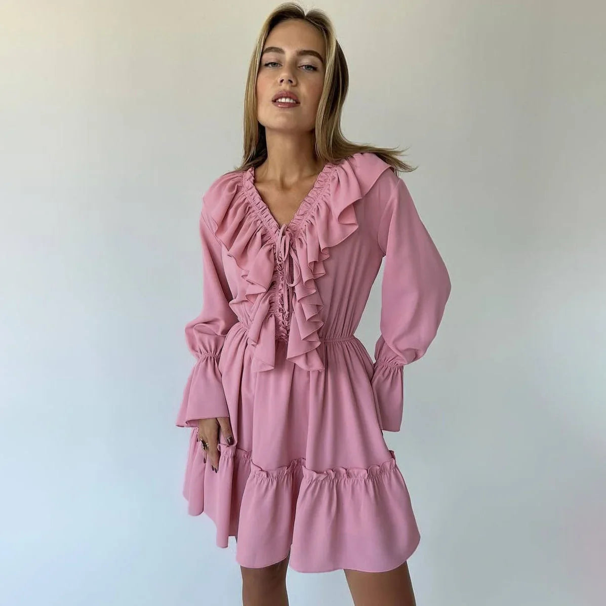 Fashion V Neck Pleated Ruffle Long Sleeve Dress Y2K V Neck Flared Sleeve Short Dress Women's Clothing - VAleG