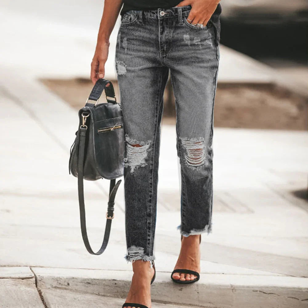 Women's Ripped Non-elastic Retro Fashion Jeans - VAleG