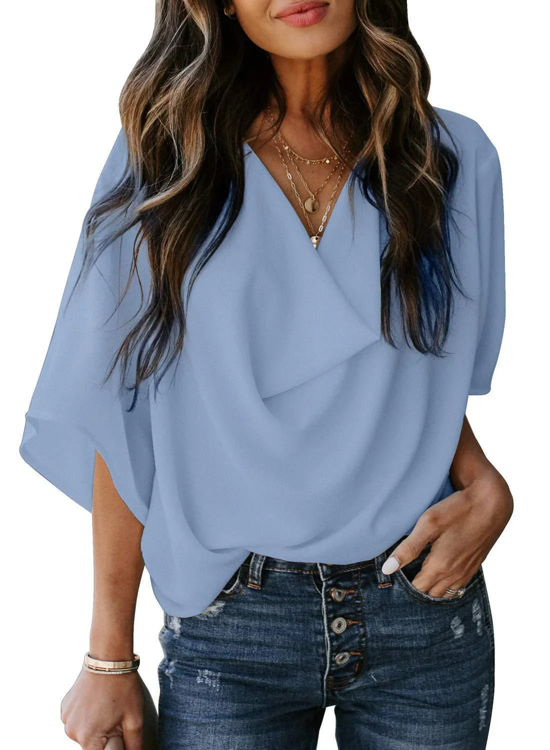 Chiffon shirt loose v-neck top - VAleG