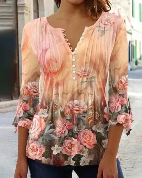 Women's Floral Printed V-neck Short Sleeve Button T-shirt - VAleG