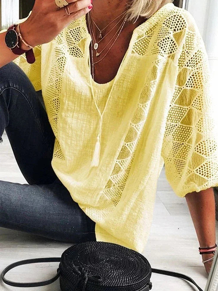 Lace stitching U-neck 3.4 sleeve T-shirt - VAleG
