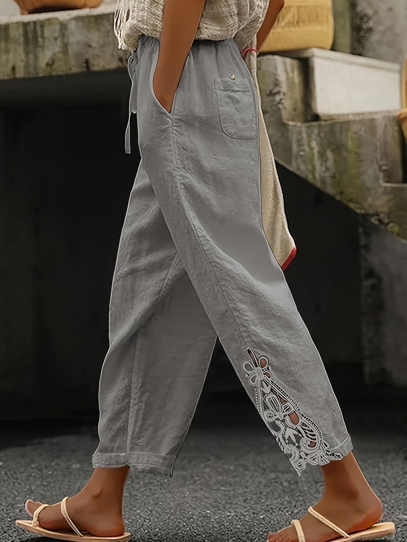 Pantaloni casual dritti da donna con coulisse in pizzo