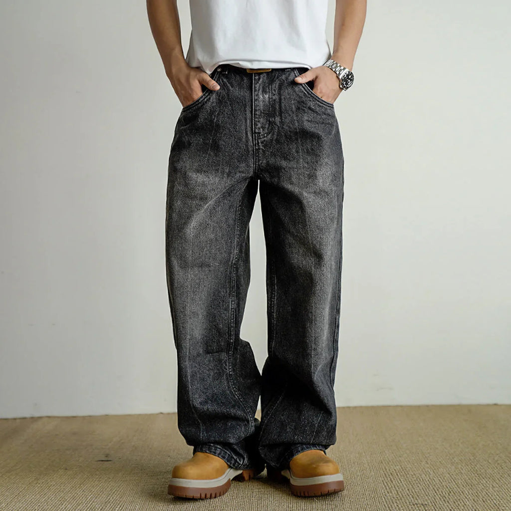 Loose Straight Washed Distressed Black Jeans - VAleG